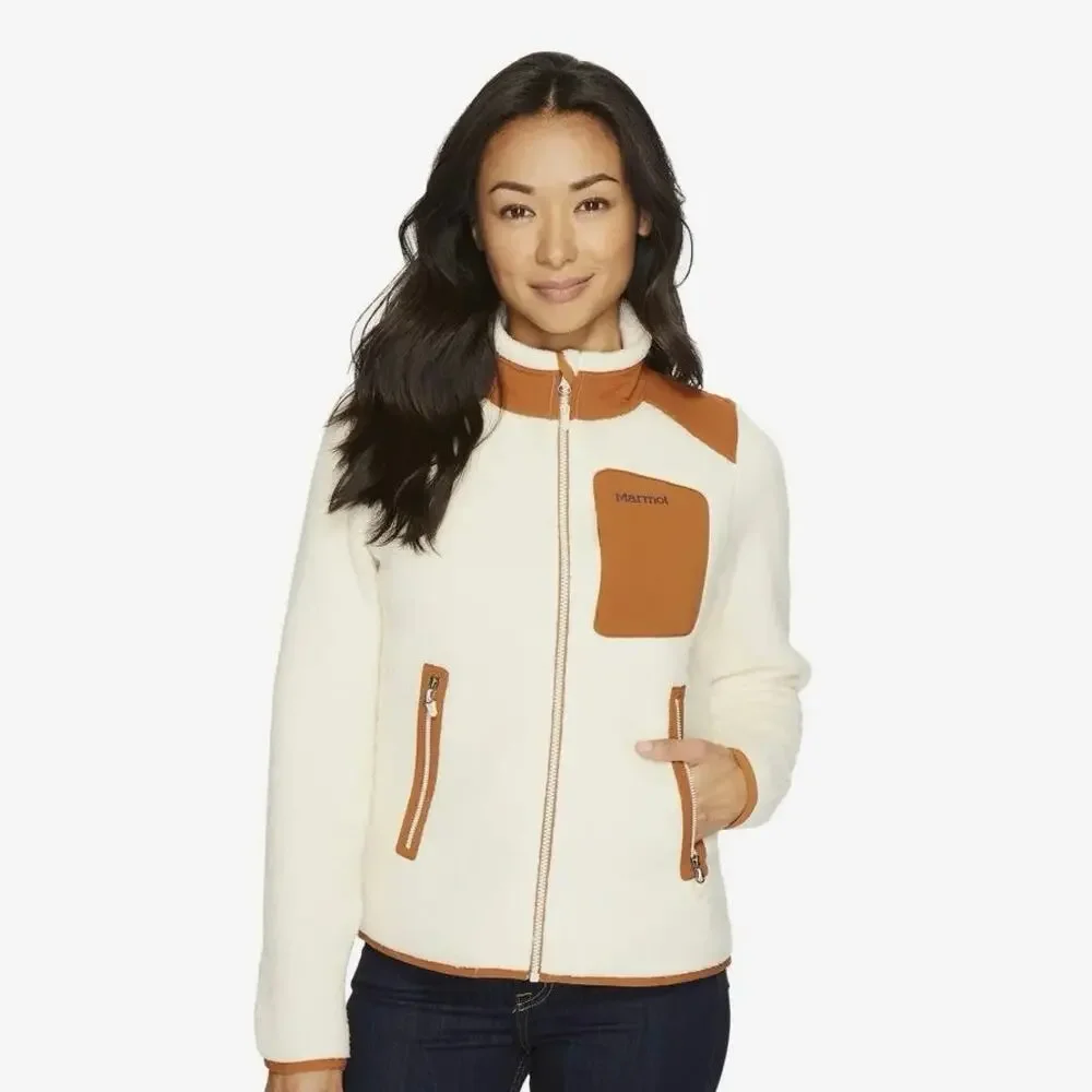 Marmot Wiley Polartec Sherpa Fleece Jacket Cream Brown Full Zip XS Gorpcore Cozy - Picture 2 of 13
